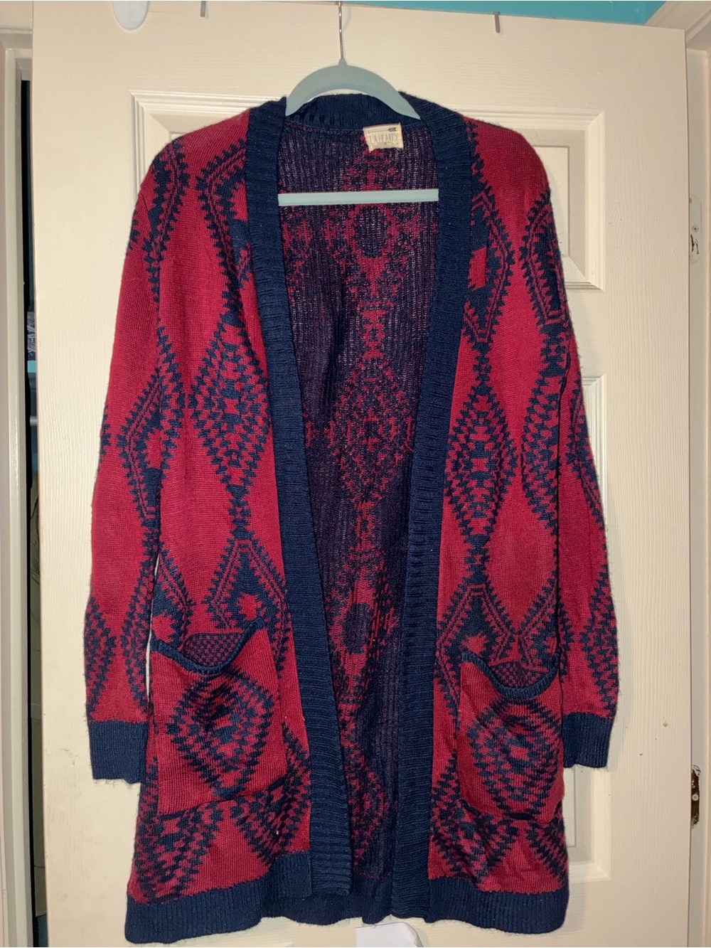 La Hearts Red and Navy Geometric Open-Front Cardigan with Pockets